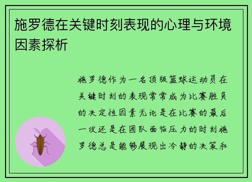 施罗德在关键时刻表现的心理与环境因素探析