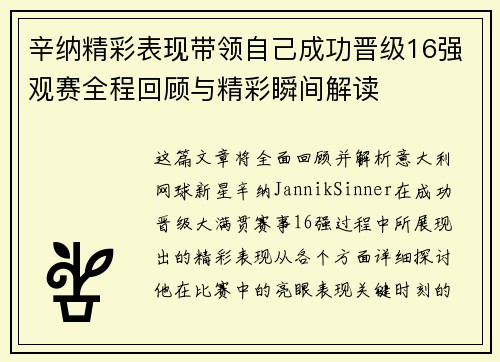 辛纳精彩表现带领自己成功晋级16强观赛全程回顾与精彩瞬间解读